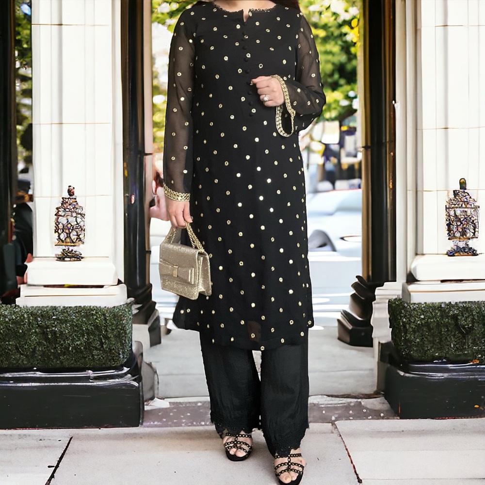 Pakistani dress, shalwar kameez, Black & Gold Mirror-Work Kurti with Silk Pant